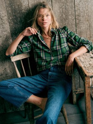 Lorna Brushed Cotton Top-Green. Navy & Pink Check