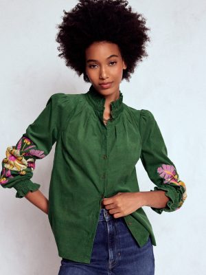 Lorna Cord Top-Hunter Green Embroidered