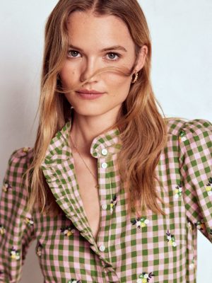 Helena Brushed Cotton Top-Green and Pink Floral Check