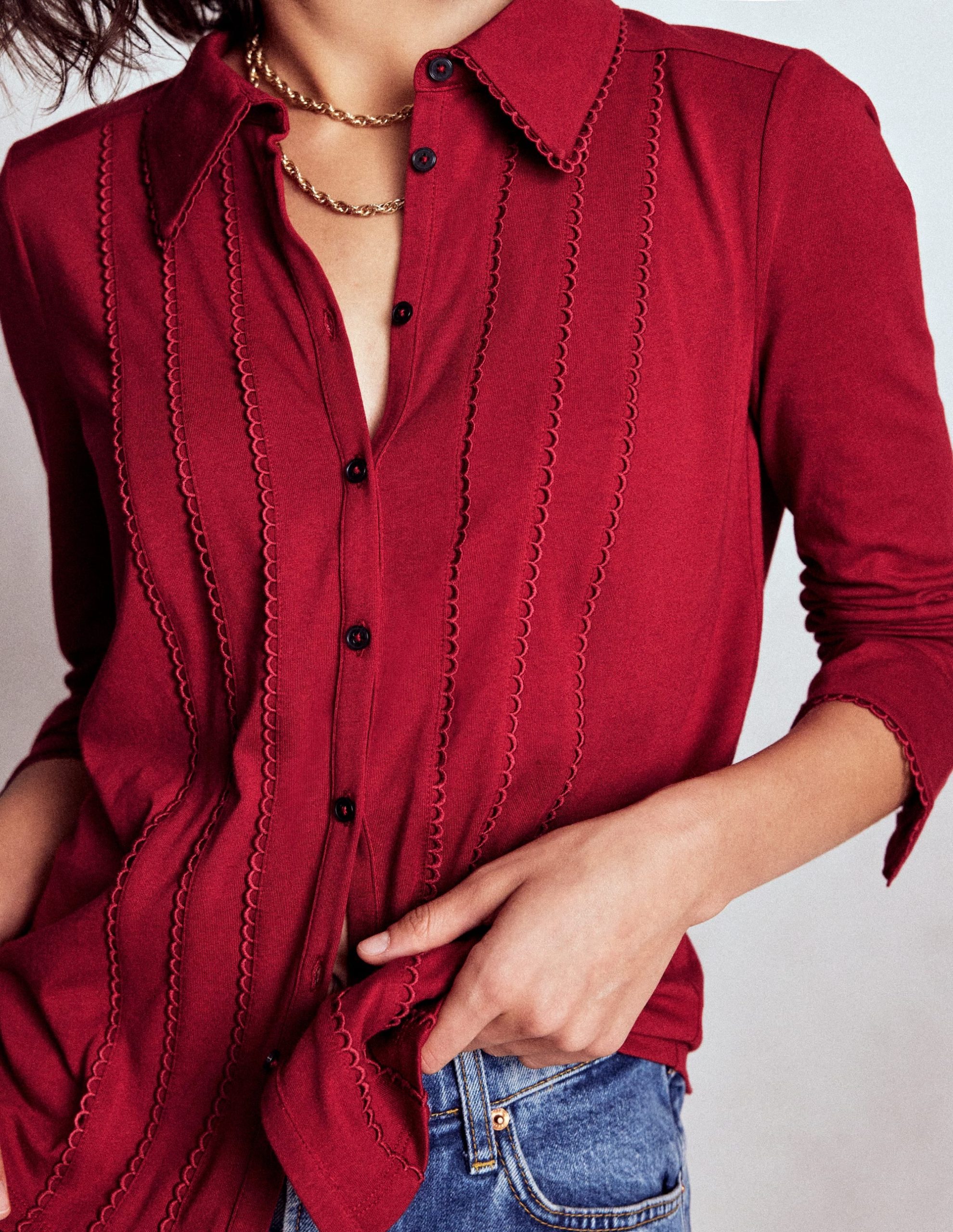Picot Trim Jersey Shirt-Crimson Red - Image 2