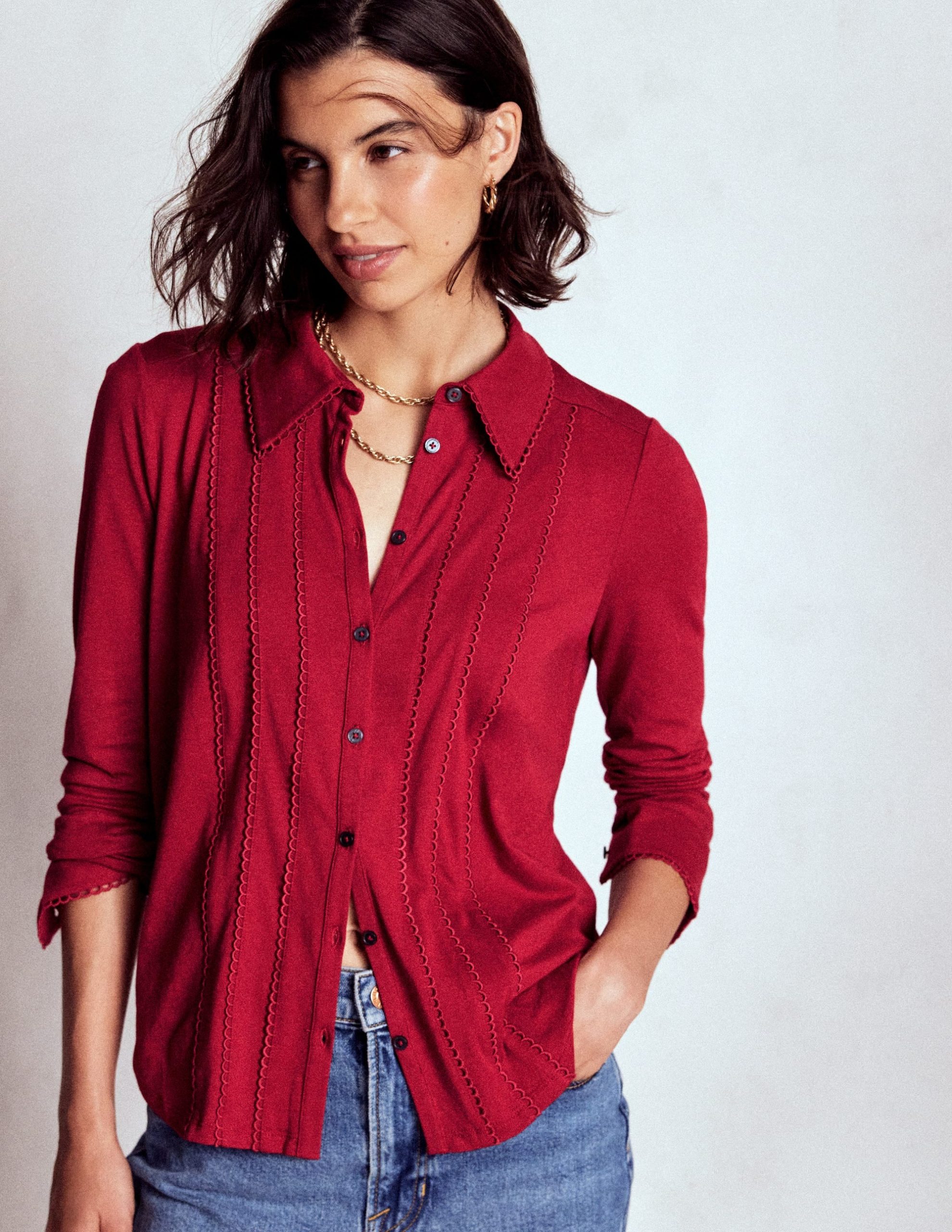 Picot Trim Jersey Shirt-Crimson Red - Image 4