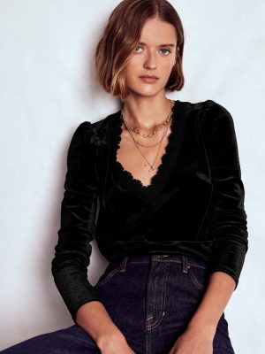 Flora V-Neck Velvet Top-Black