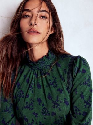 Tia Smocked Neck Jersey Top-Dark Green. Dainty Meadow