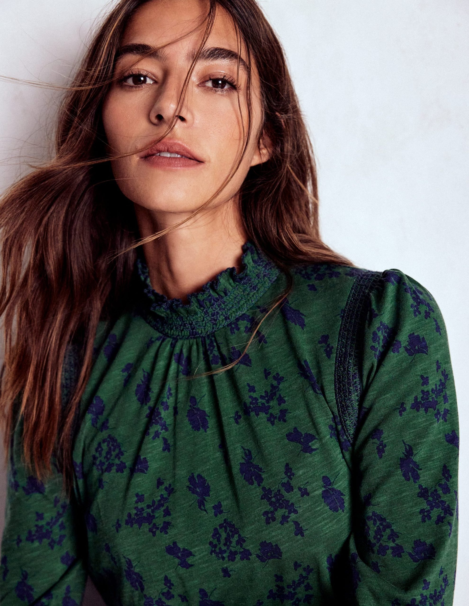 Tia Smocked Neck Jersey Top-Dark Green. Dainty Meadow