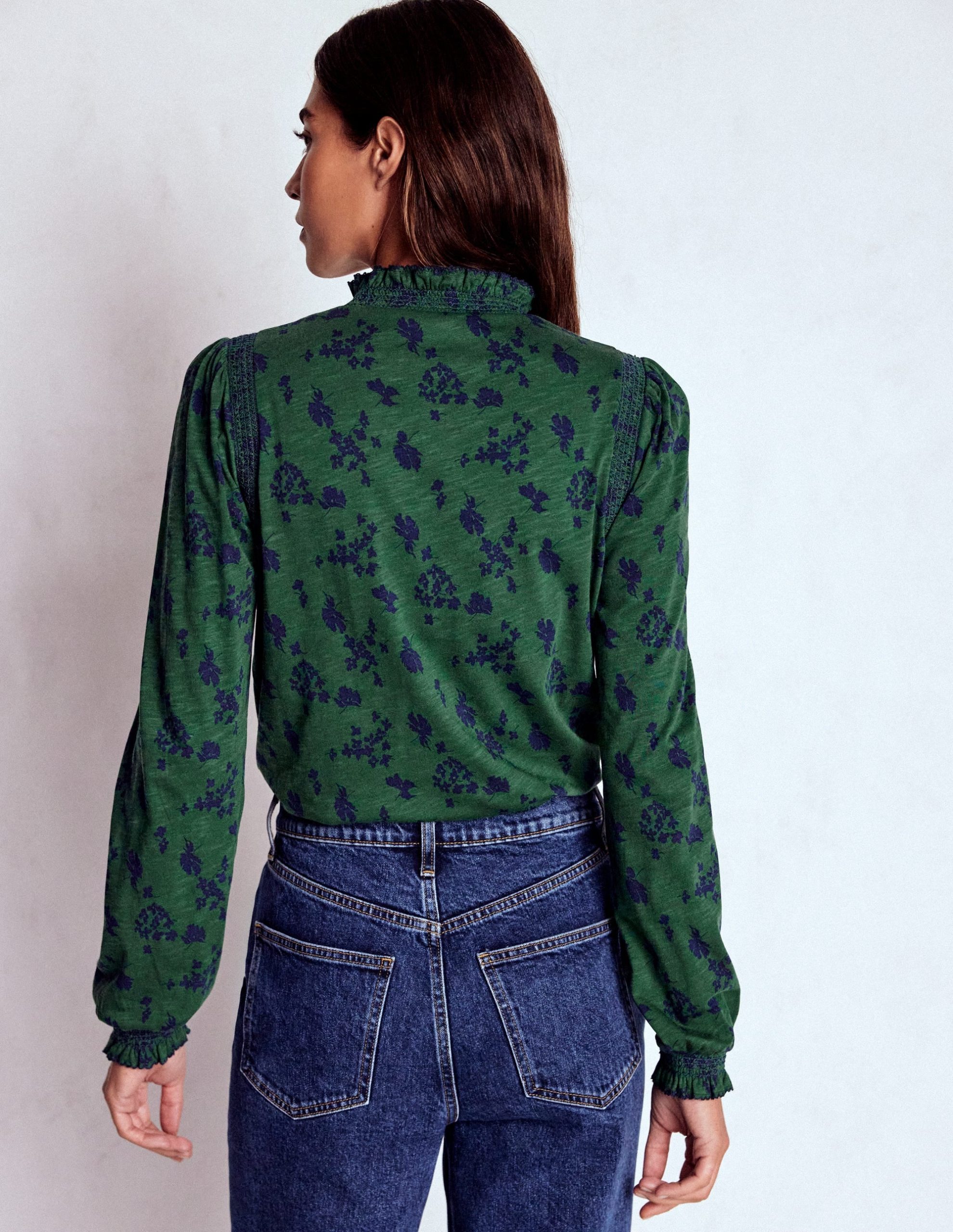 Tia Smocked Neck Jersey Top-Dark Green. Dainty Meadow - Image 3