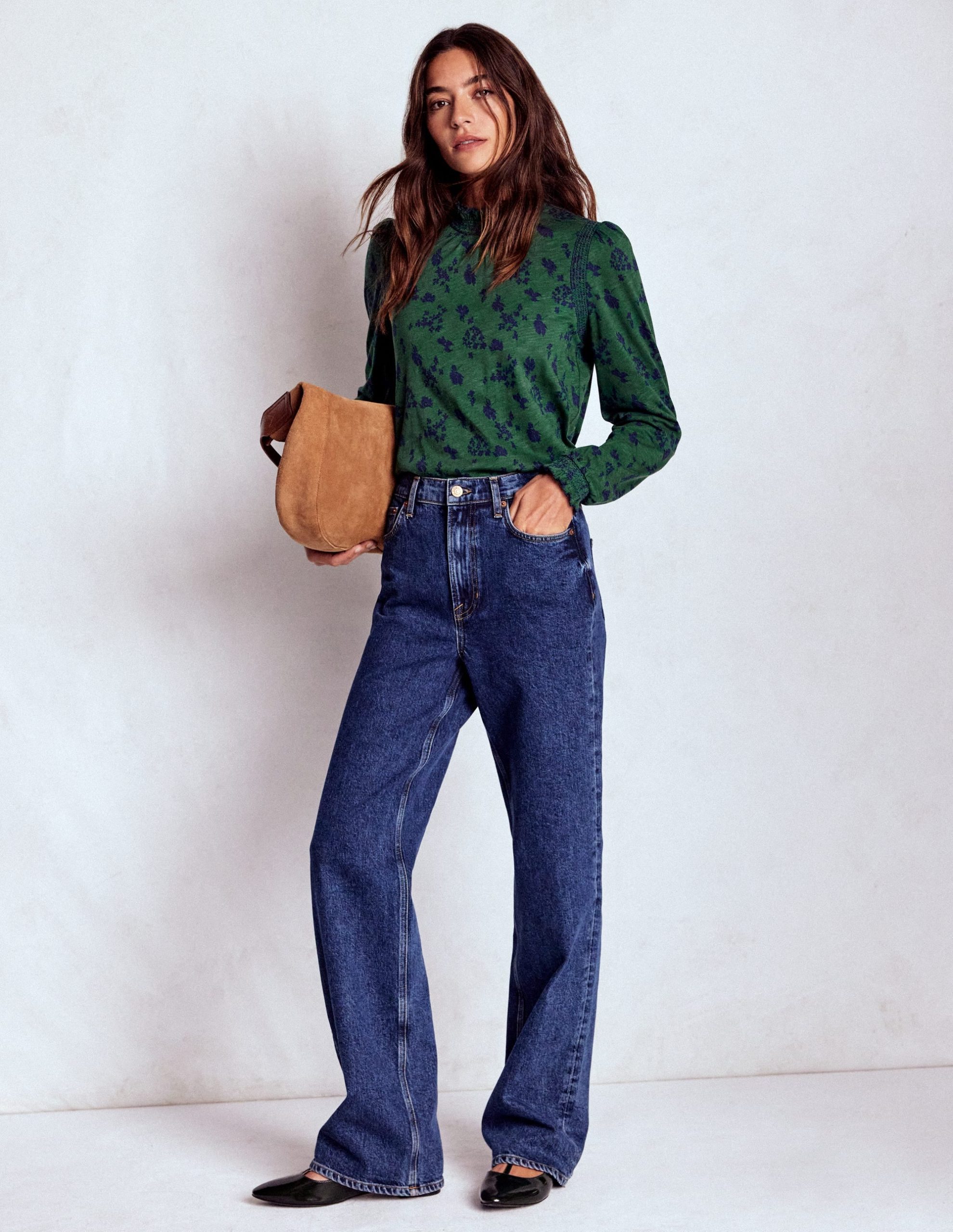 Tia Smocked Neck Jersey Top-Dark Green. Dainty Meadow - Image 4