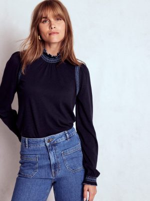 Tia Smocked Neck Jersey Top-Navy