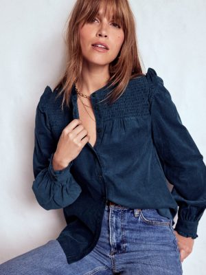 Smocked Yoke Cord Top-Midnight Ocean