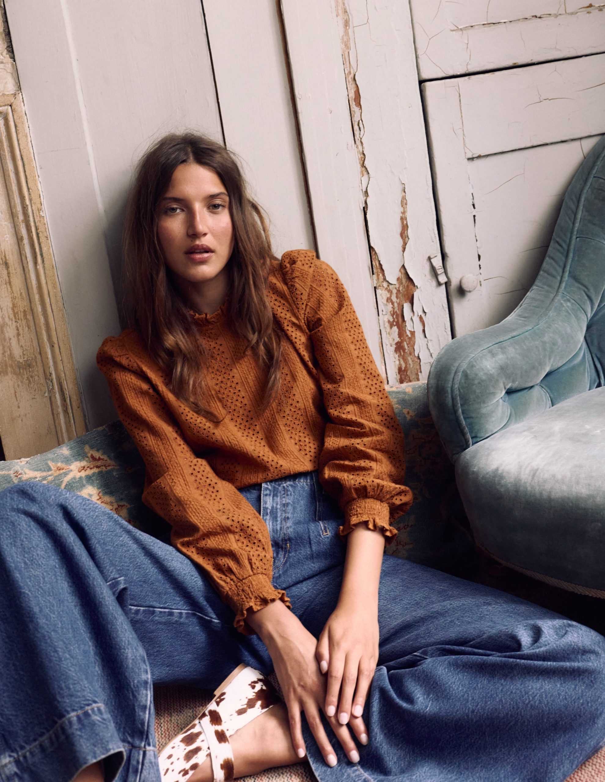 Frill Detail Broderie Top-Mustard - Image 5