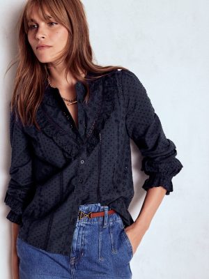 Broderie Ruffle Top-Navy