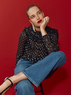 Metallic Ruffle Collar Top-Black. Lurex Clip