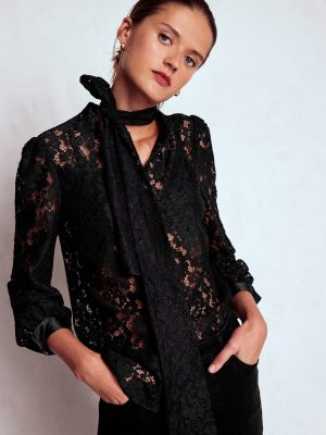Lace Tie Neck Top-Black