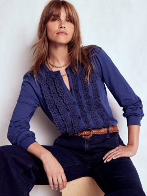 Broderie Ruffle Jersey Shirt-Starboard Blue