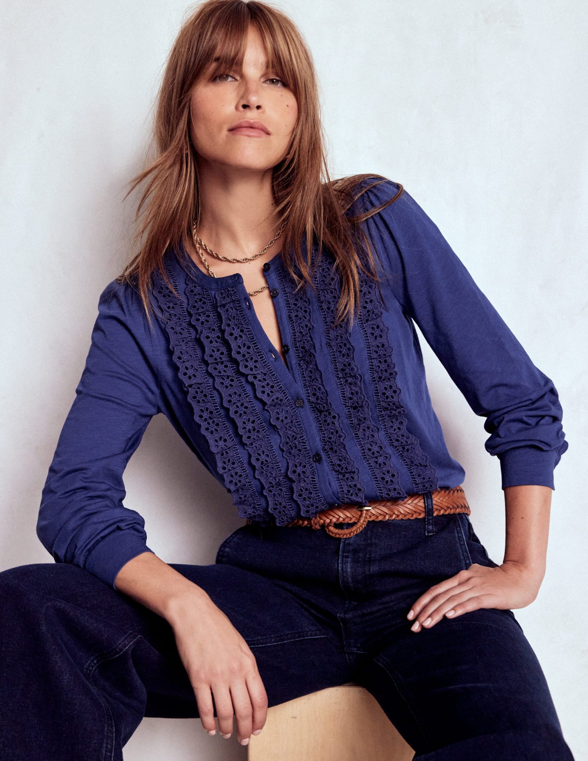 Broderie Ruffle Jersey Shirt-Starboard Blue