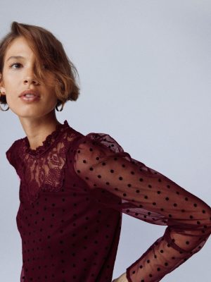 Tulle Yoke Embroidered Top-Dark Cherry