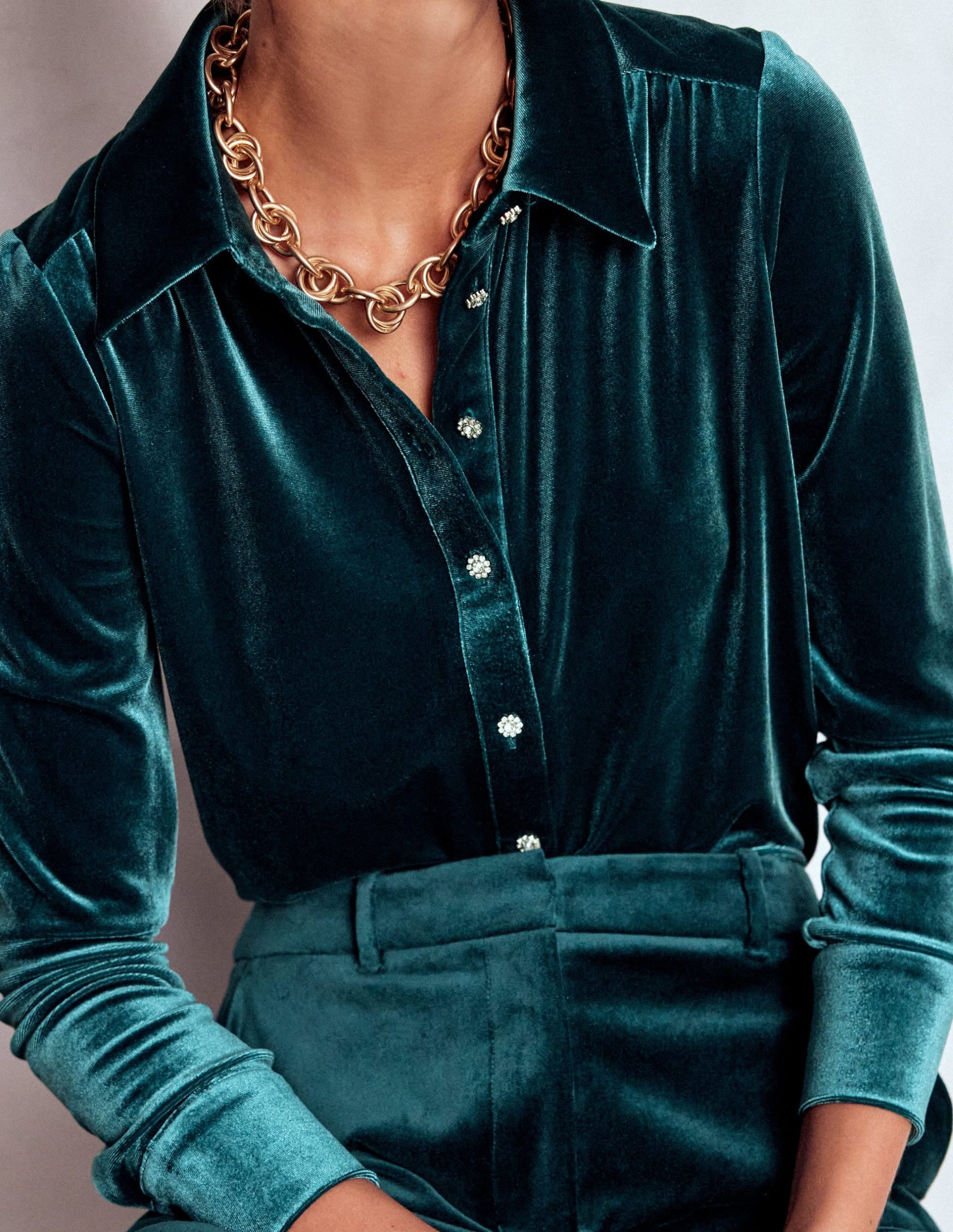 Jewel Button Velvet Shirt-Midnight Teal - Image 2