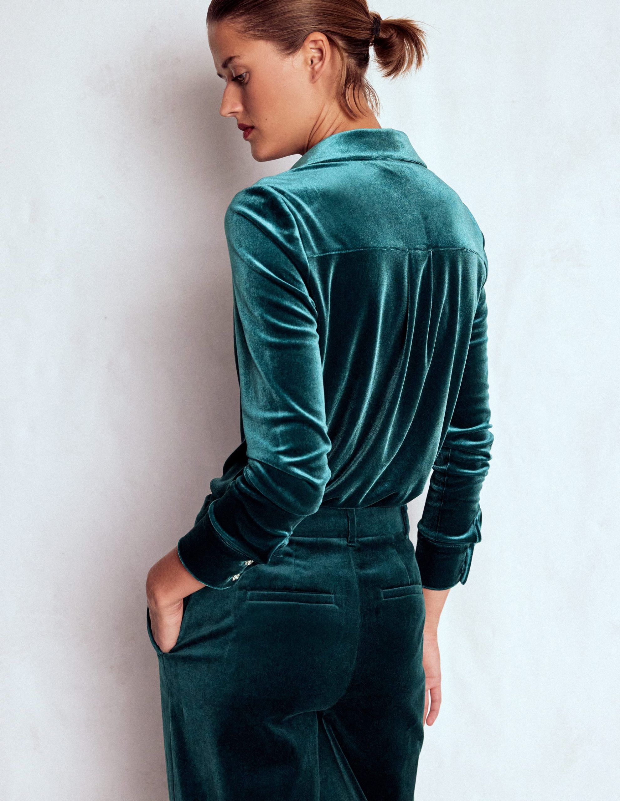 Jewel Button Velvet Shirt-Midnight Teal - Image 3