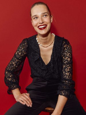 Ruffle Detail Lace Blouse-Black