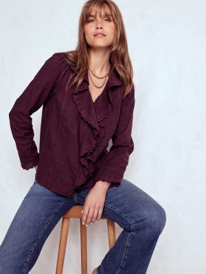 Ruffle Embroidered Blouse-Dark Cherry