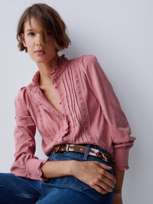 Lace Detail Jersey Shirt-Vintage Rose