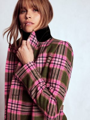 Boxy Double Breasted Blazer-Olive Green and Pink Check