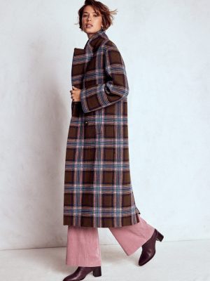Cocoon Wool Coat-Brown. Teal and Pink Check