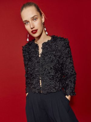 Petal Textured Cropped Jacket-Black. Petal Tulle