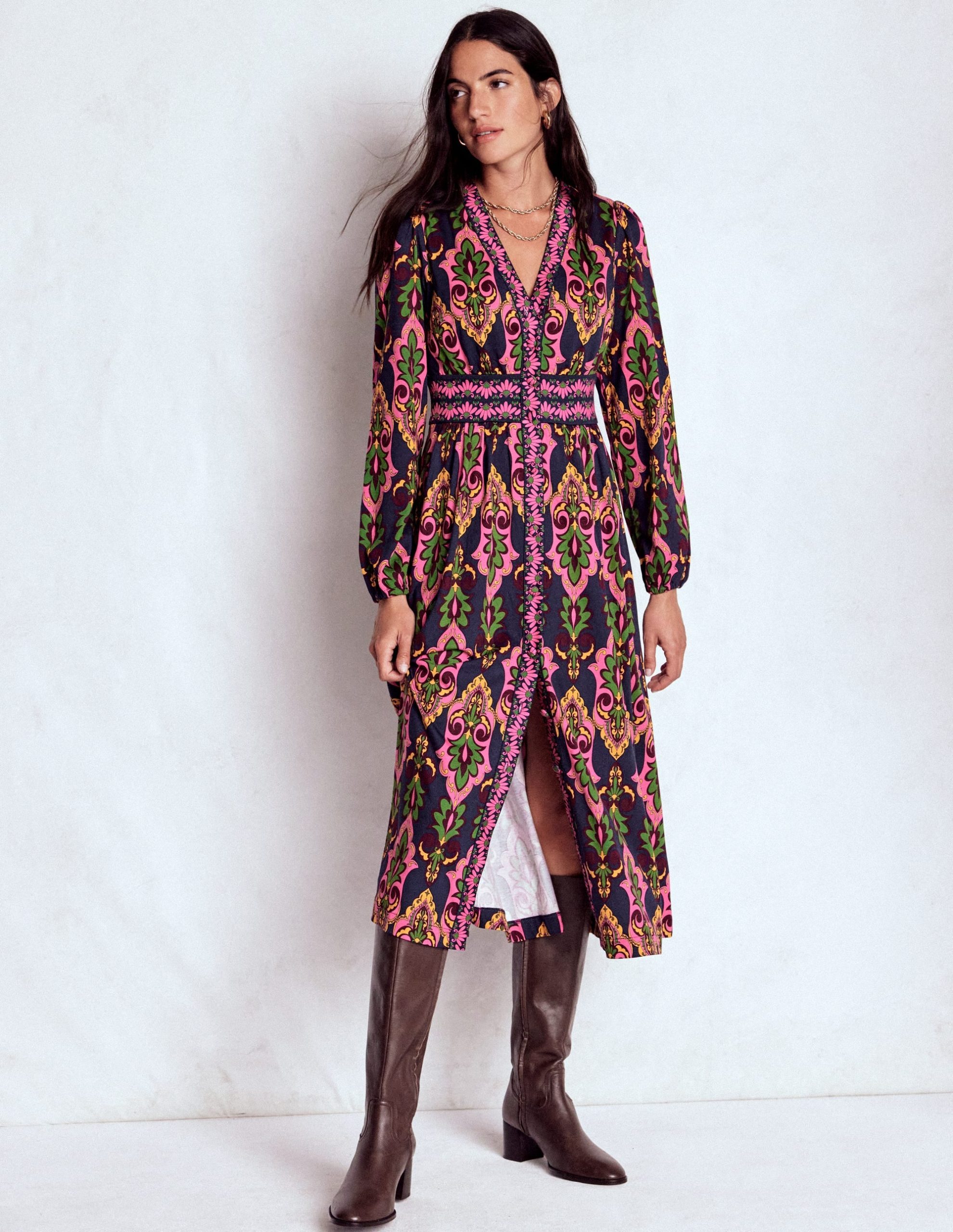 Natalia Long Sleeve Tea Dress-French Navy. Ornate Charm - Image 5