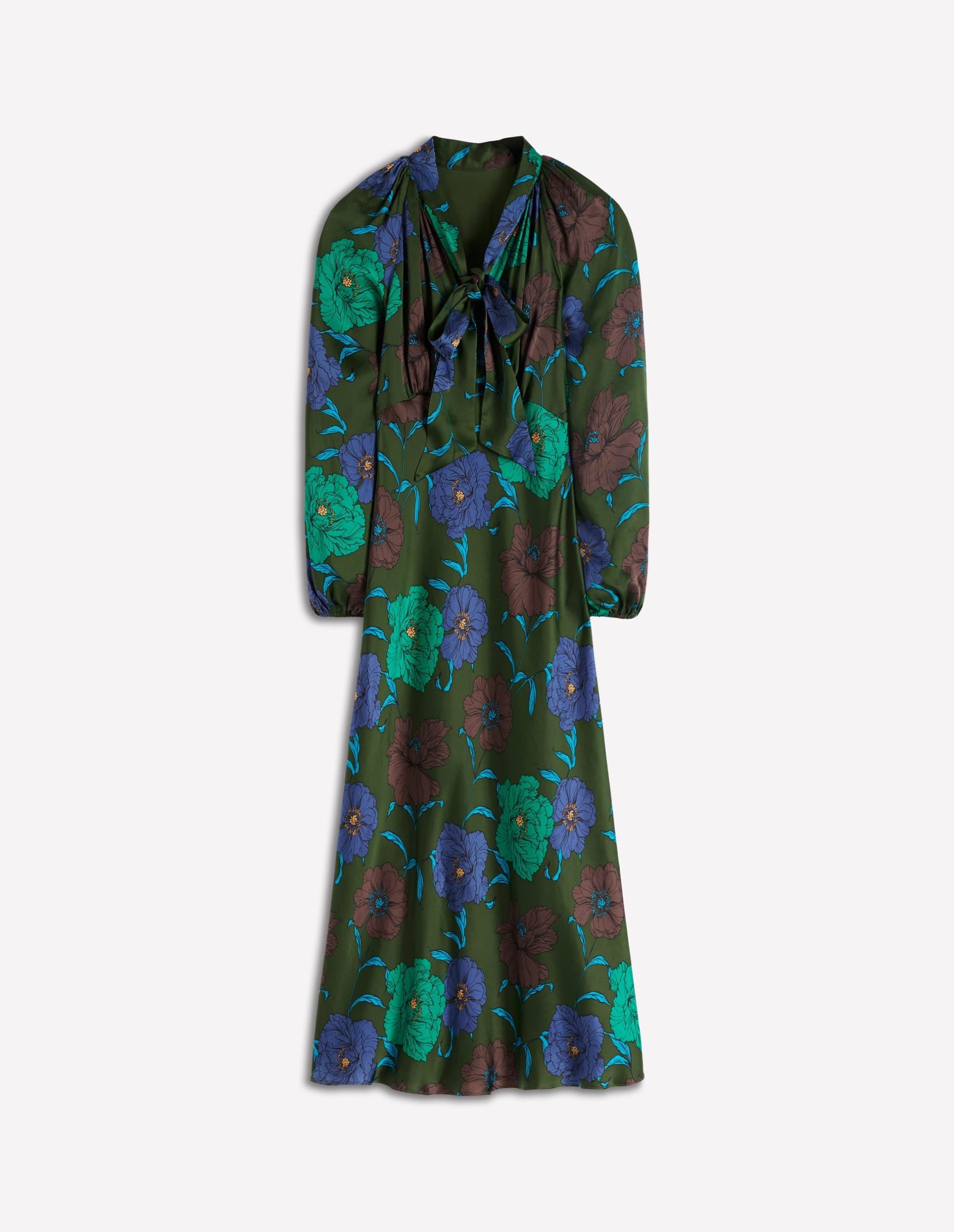 Tie Neck Satin Midi Dress-Green Fir. Peony Bloom - Image 7