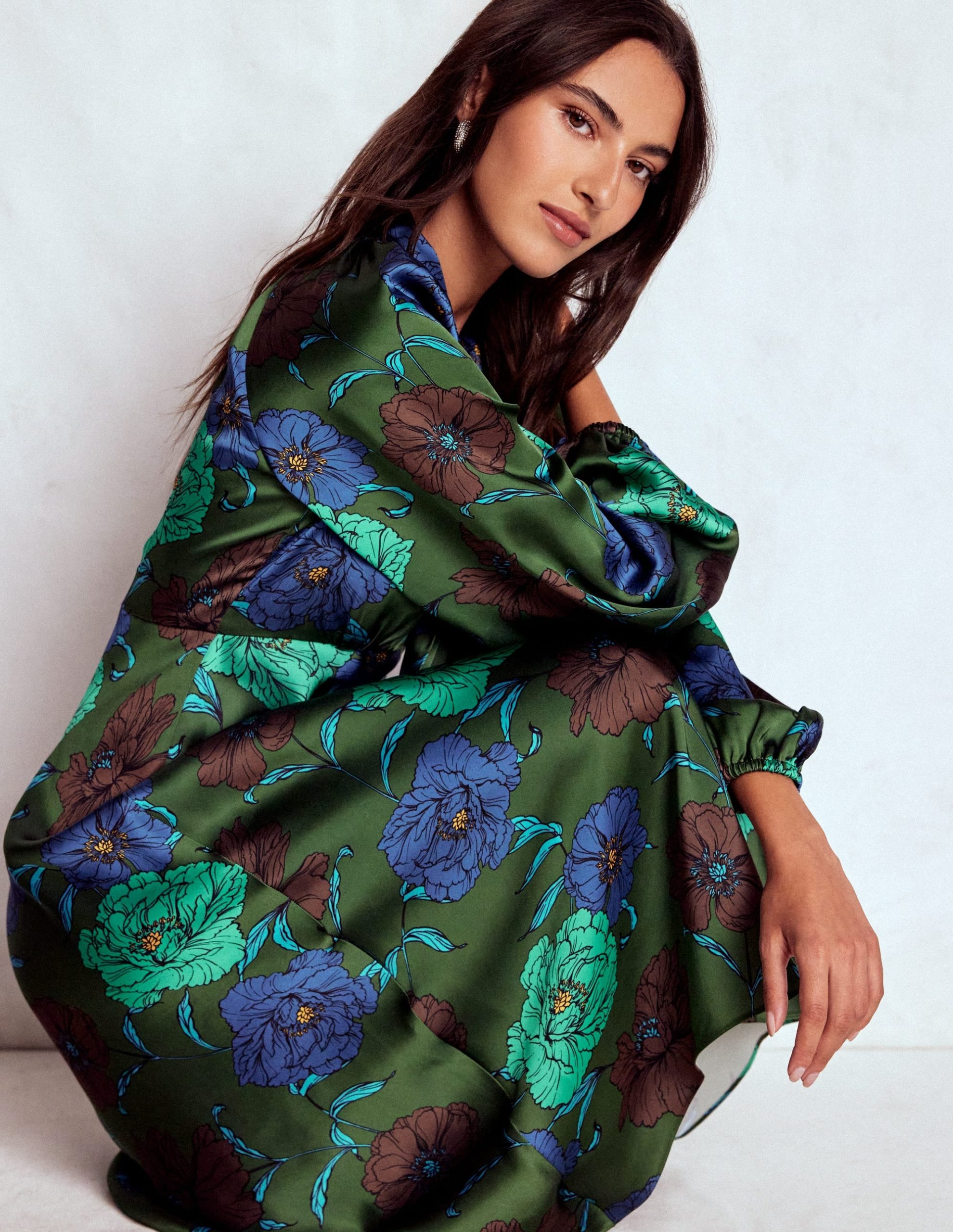 Tie Neck Satin Midi Dress-Green Fir. Peony Bloom - Image 2