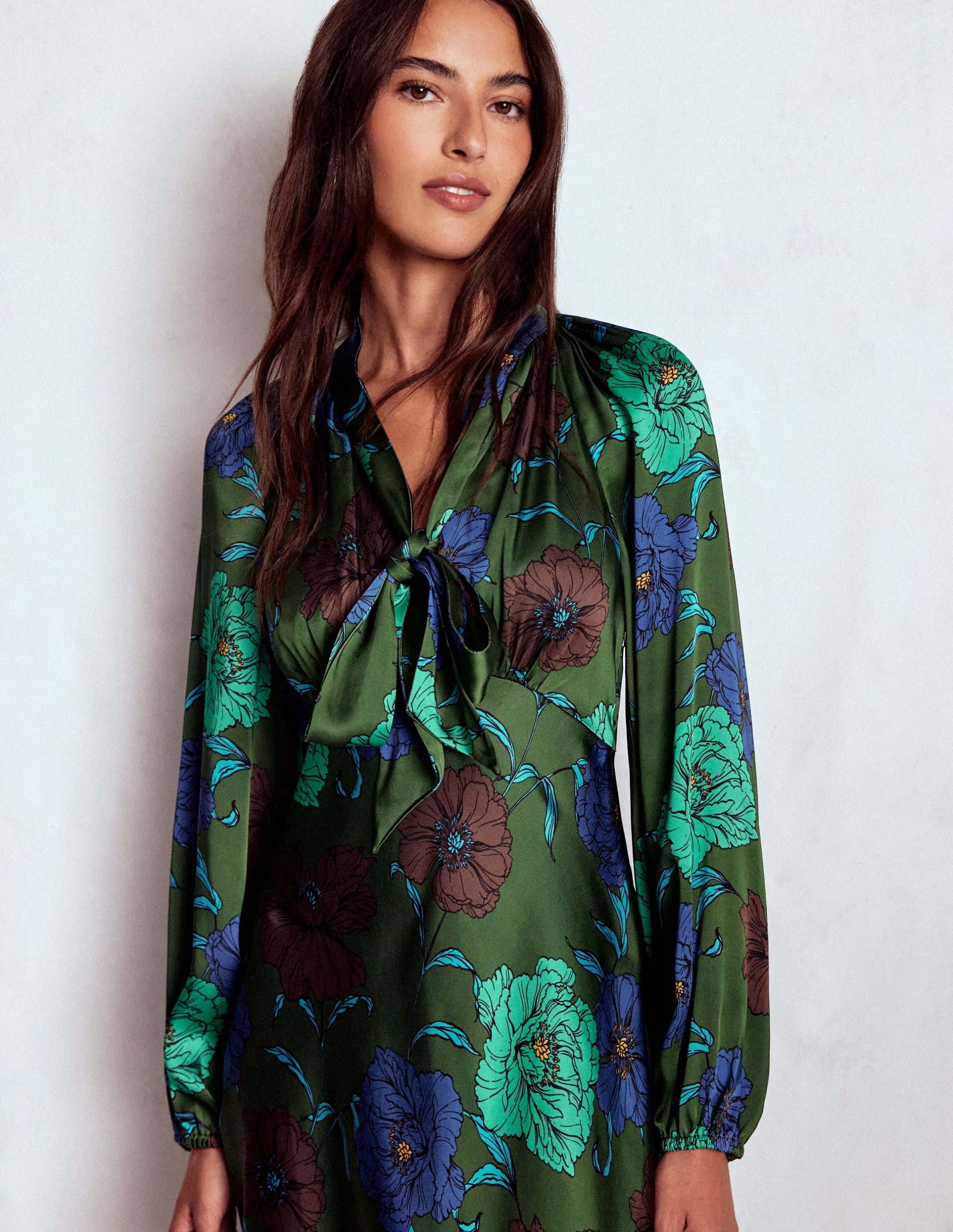 Tie Neck Satin Midi Dress-Green Fir. Peony Bloom - Image 3