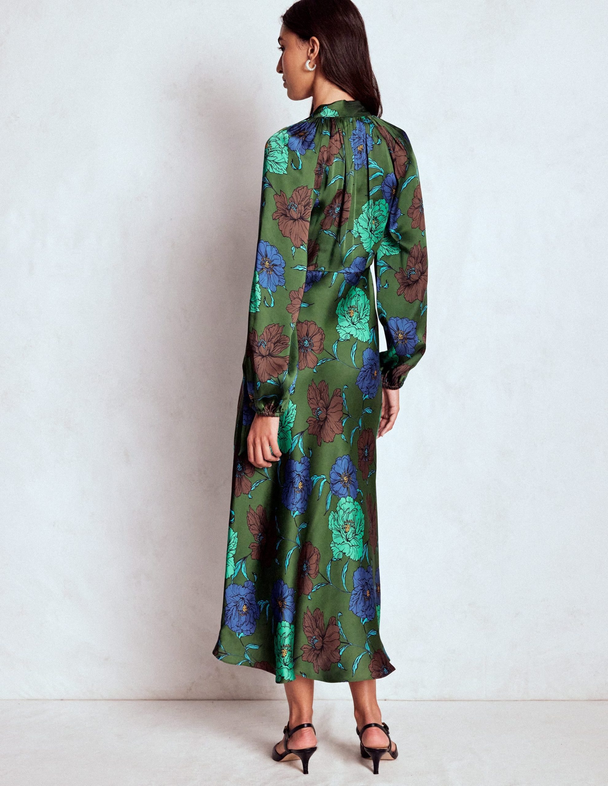 Tie Neck Satin Midi Dress-Green Fir. Peony Bloom - Image 4