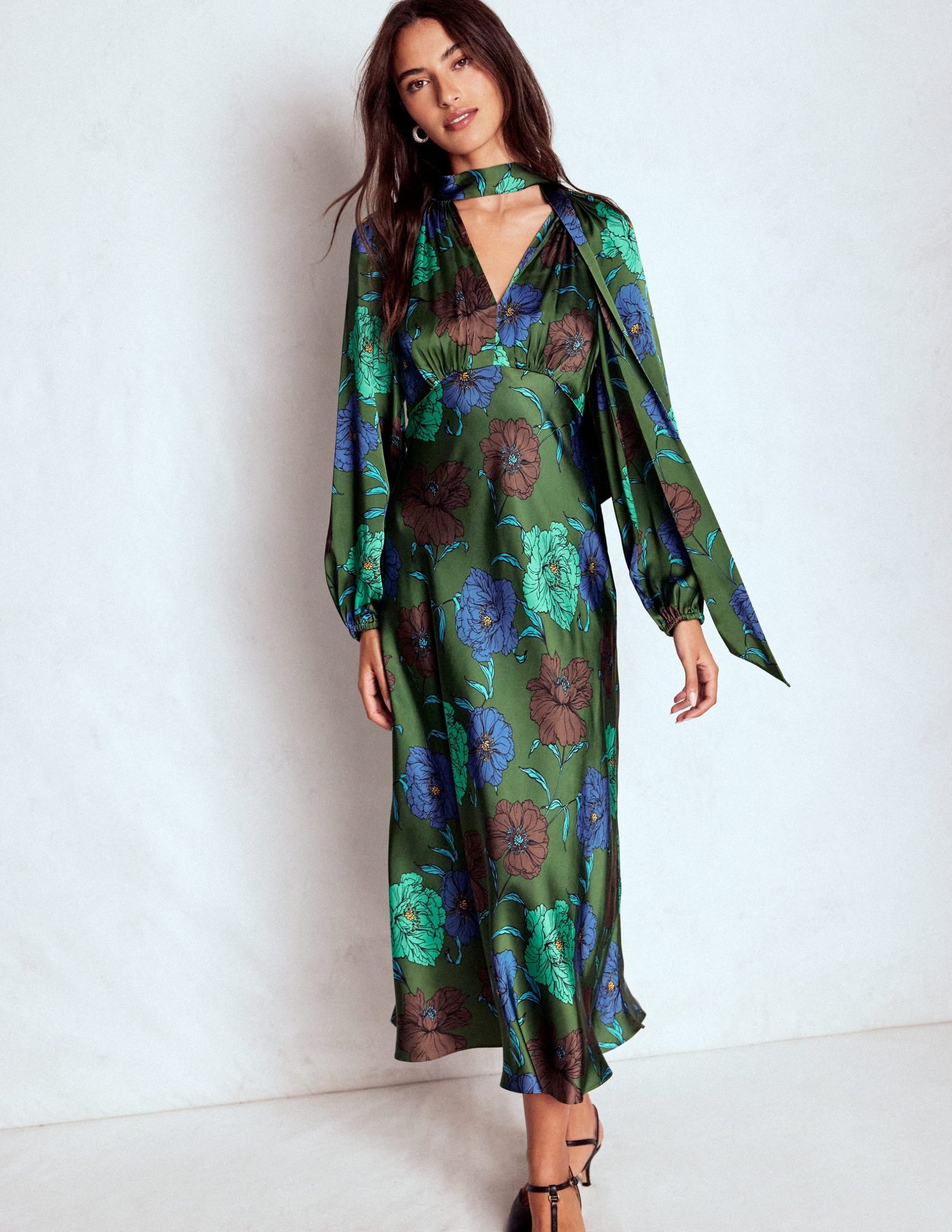 Tie Neck Satin Midi Dress-Green Fir. Peony Bloom - Image 5