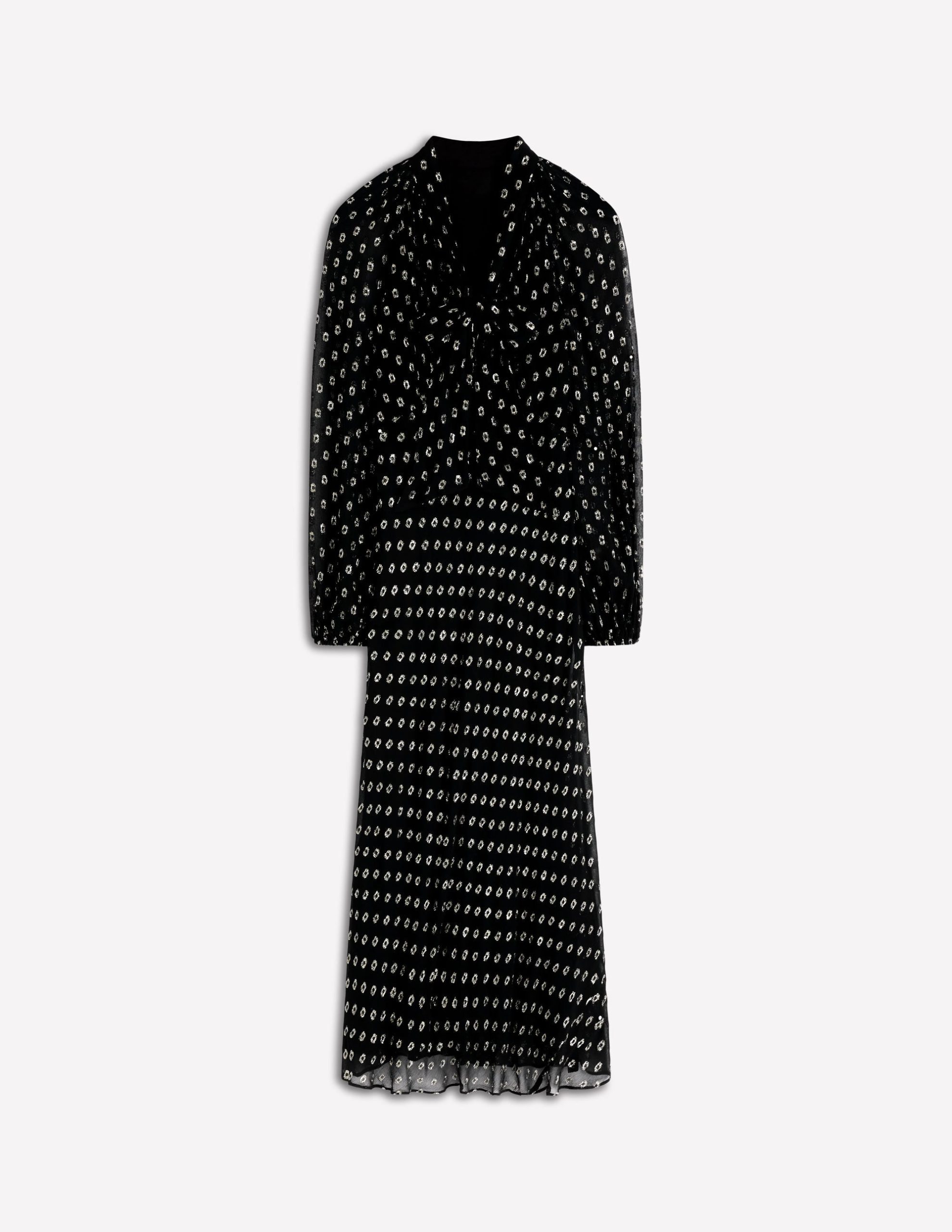Tie Neck Midi Dress-Black and Silver Clip - Image 7
