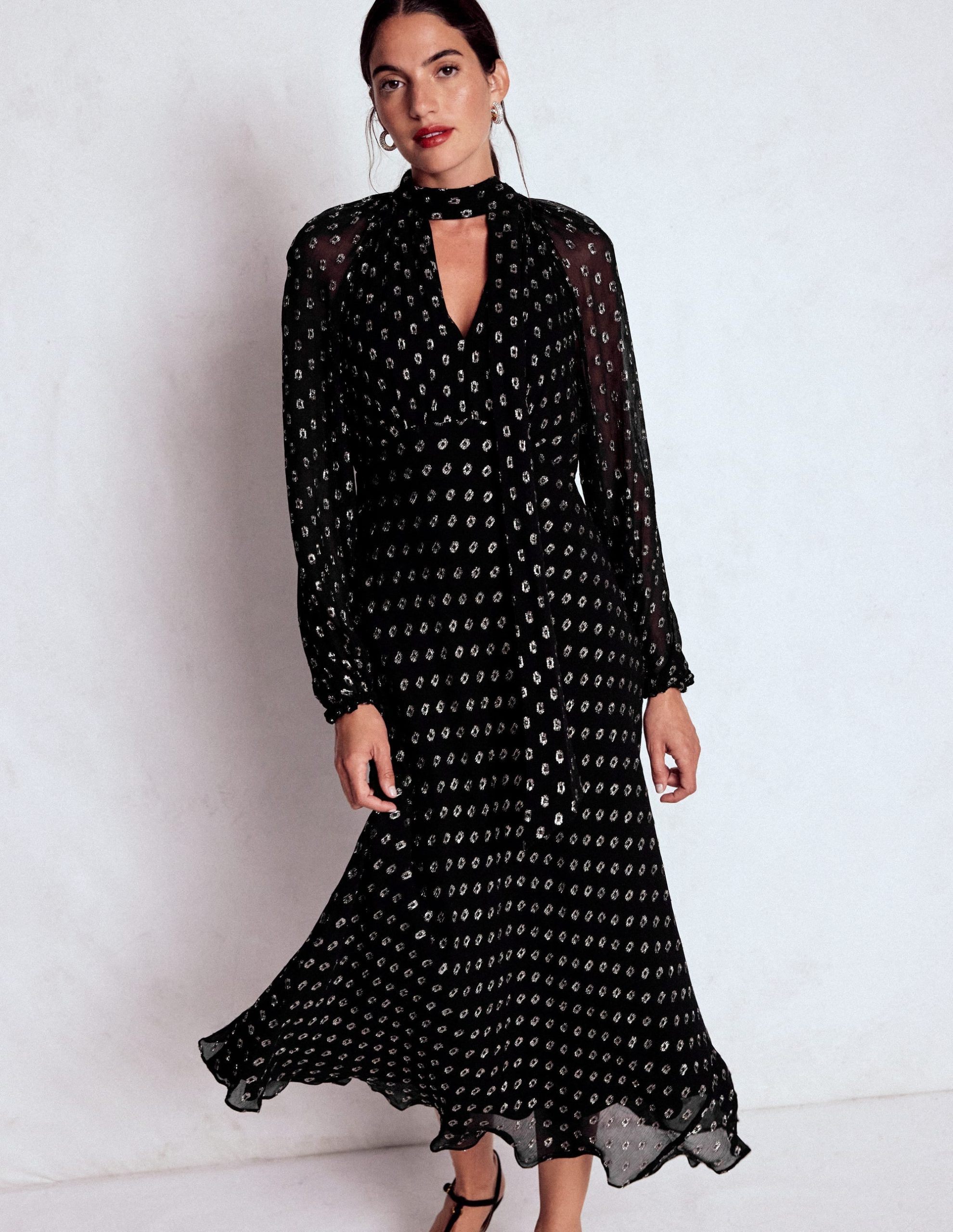 Tie Neck Midi Dress-Black and Silver Clip - Image 2