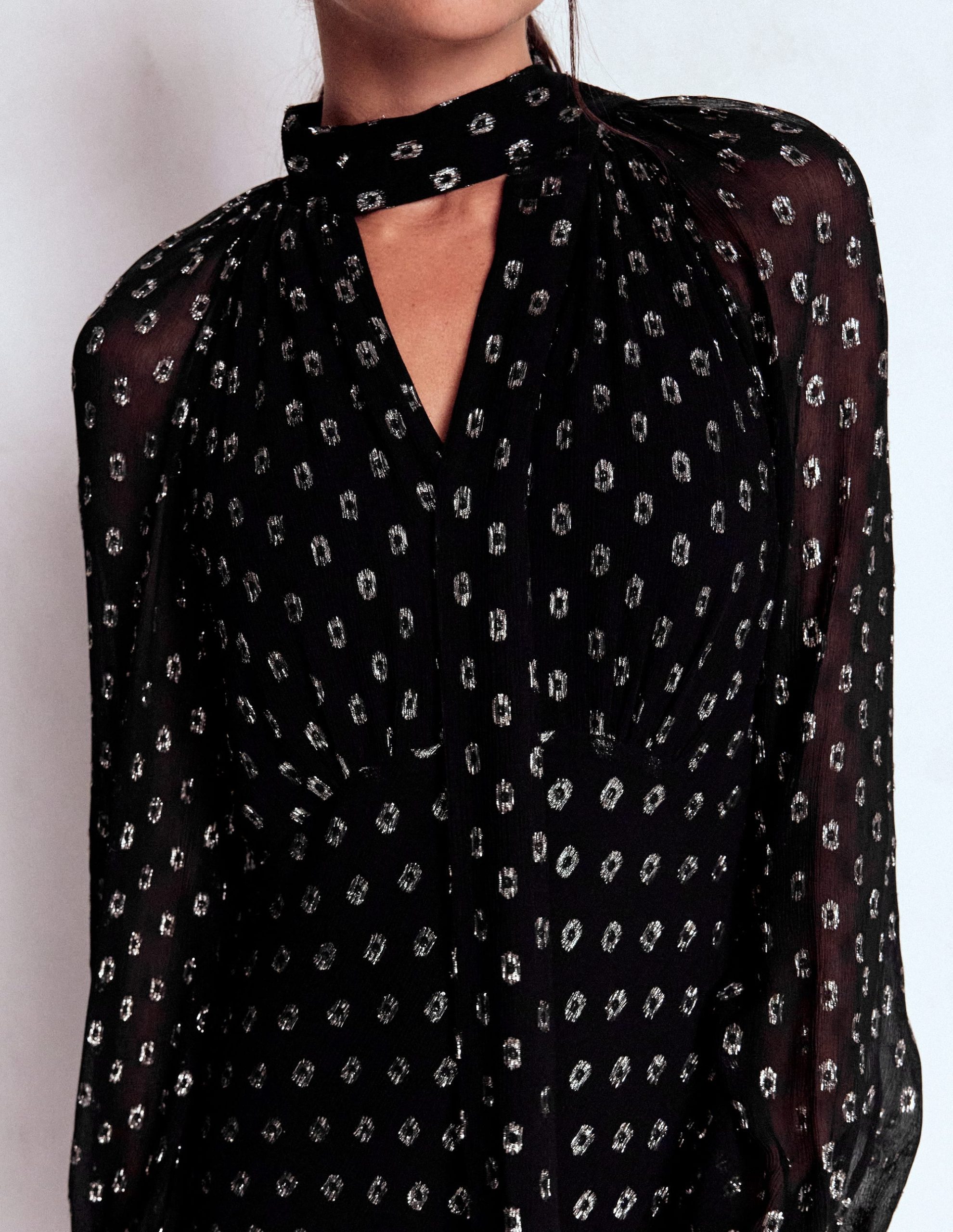 Tie Neck Midi Dress-Black and Silver Clip - Image 3