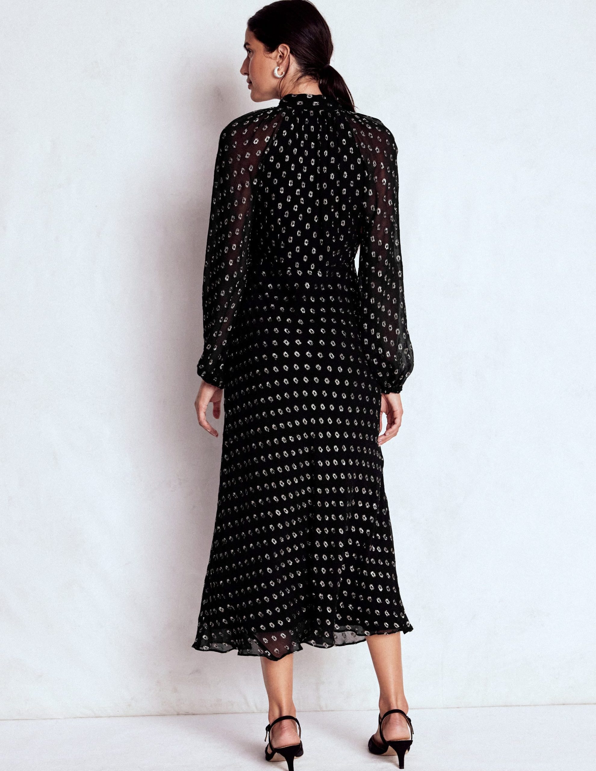 Tie Neck Midi Dress-Black and Silver Clip - Image 4