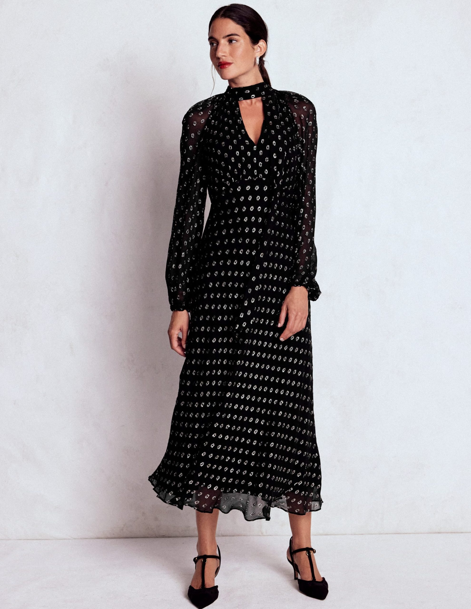 Tie Neck Midi Dress-Black and Silver Clip - Image 5