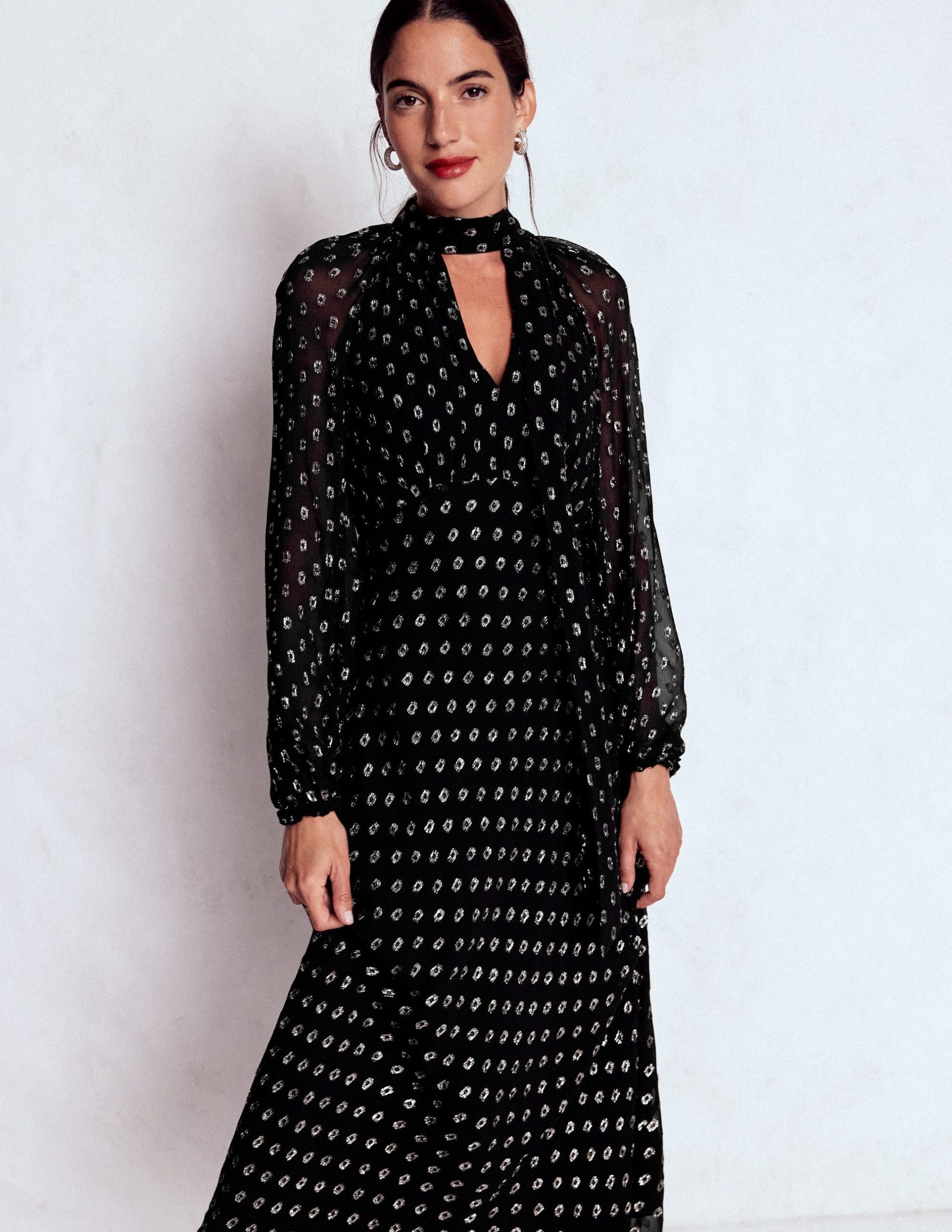 Tie Neck Midi Dress-Black and Silver Clip - Image 6