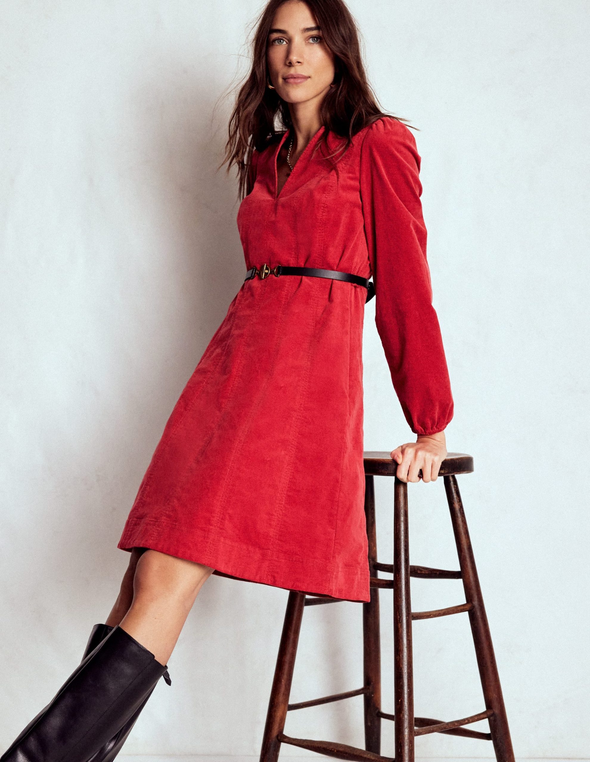 Ros Panelled Cord Short Dress-Crimson Red - Image 5