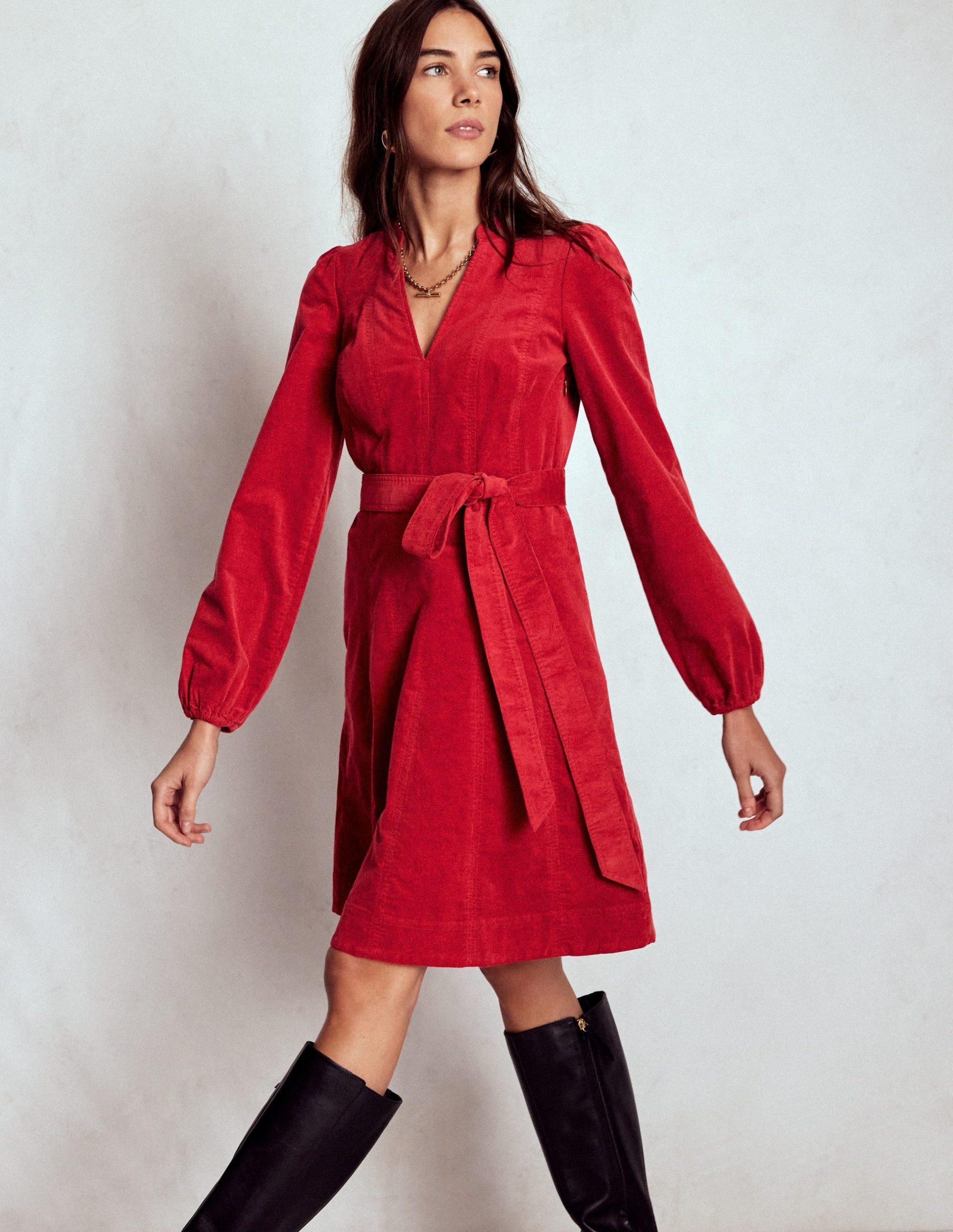 Ros Panelled Cord Short Dress-Crimson Red - Image 6