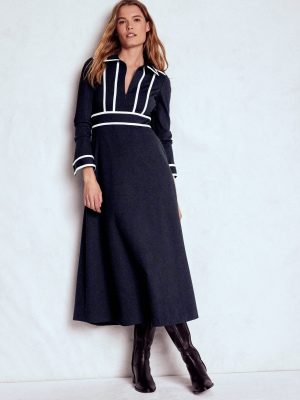 Contrast Ponte Midi Dress-Navy