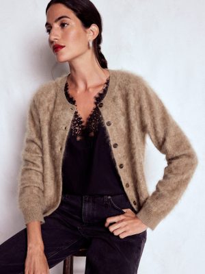 Brushed Crop Cashmere Cardigan-Dark Mink Melange