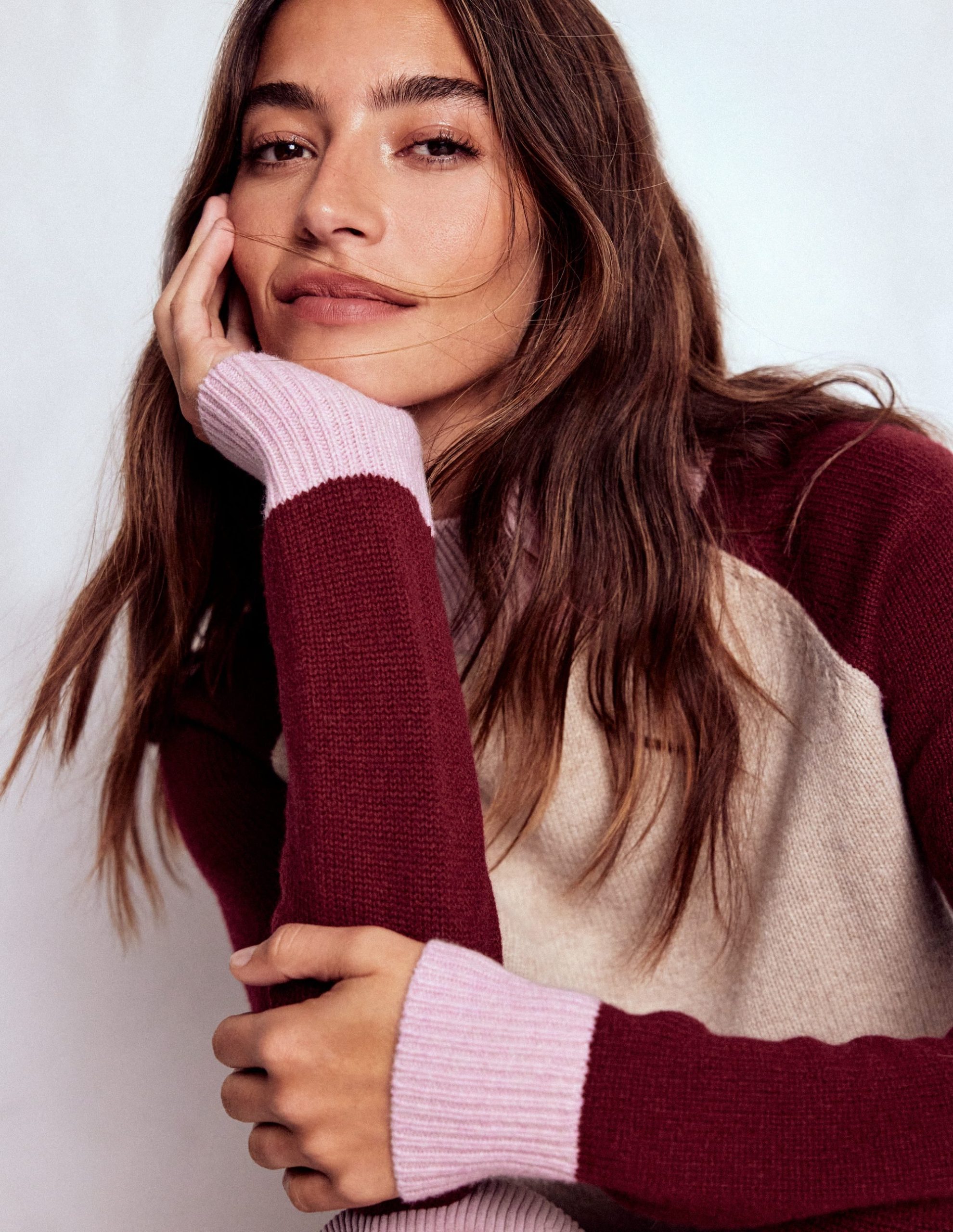 Marion Merino Rib Neck Sweater-Linen. Pinotage Colour Block