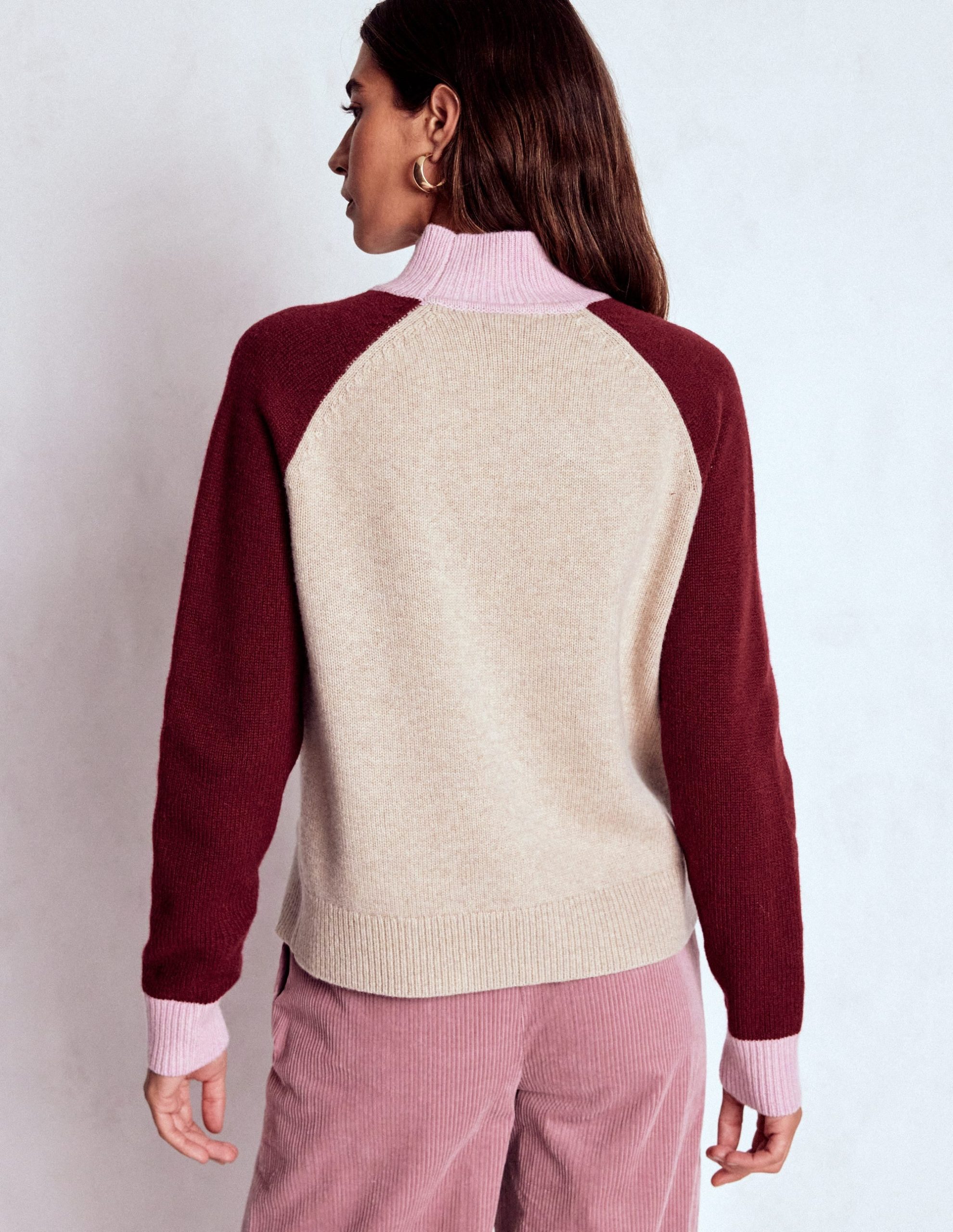 Marion Merino Rib Neck Sweater-Linen. Pinotage Colour Block - Image 3