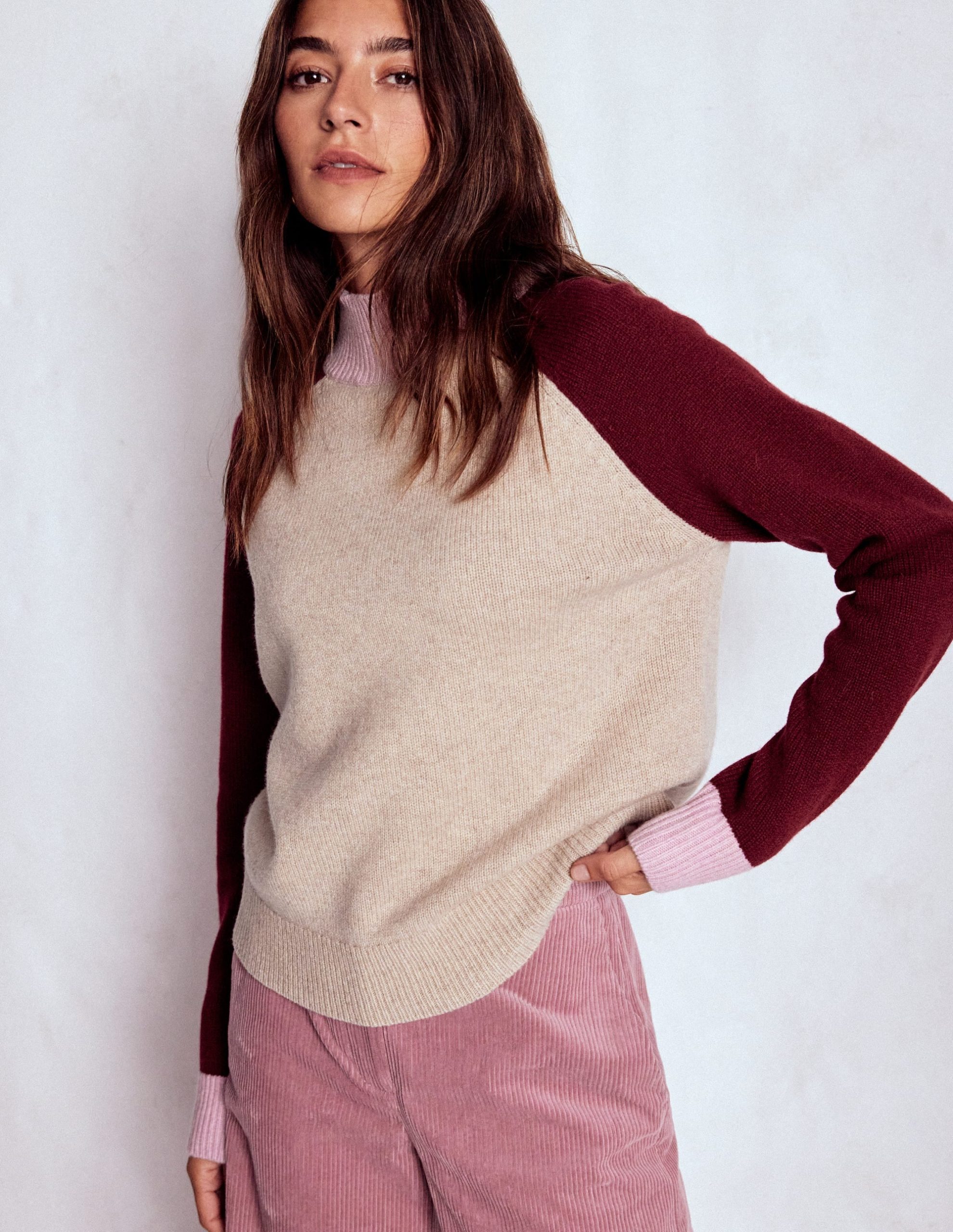 Marion Merino Rib Neck Sweater-Linen. Pinotage Colour Block - Image 4