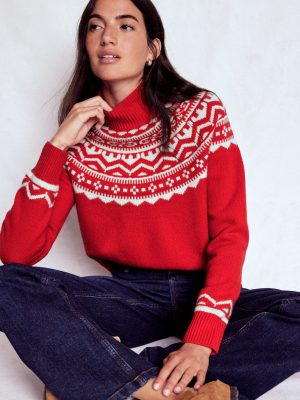 Marion Merino Rib Neck Sweater-Poppy Red Fair Isle