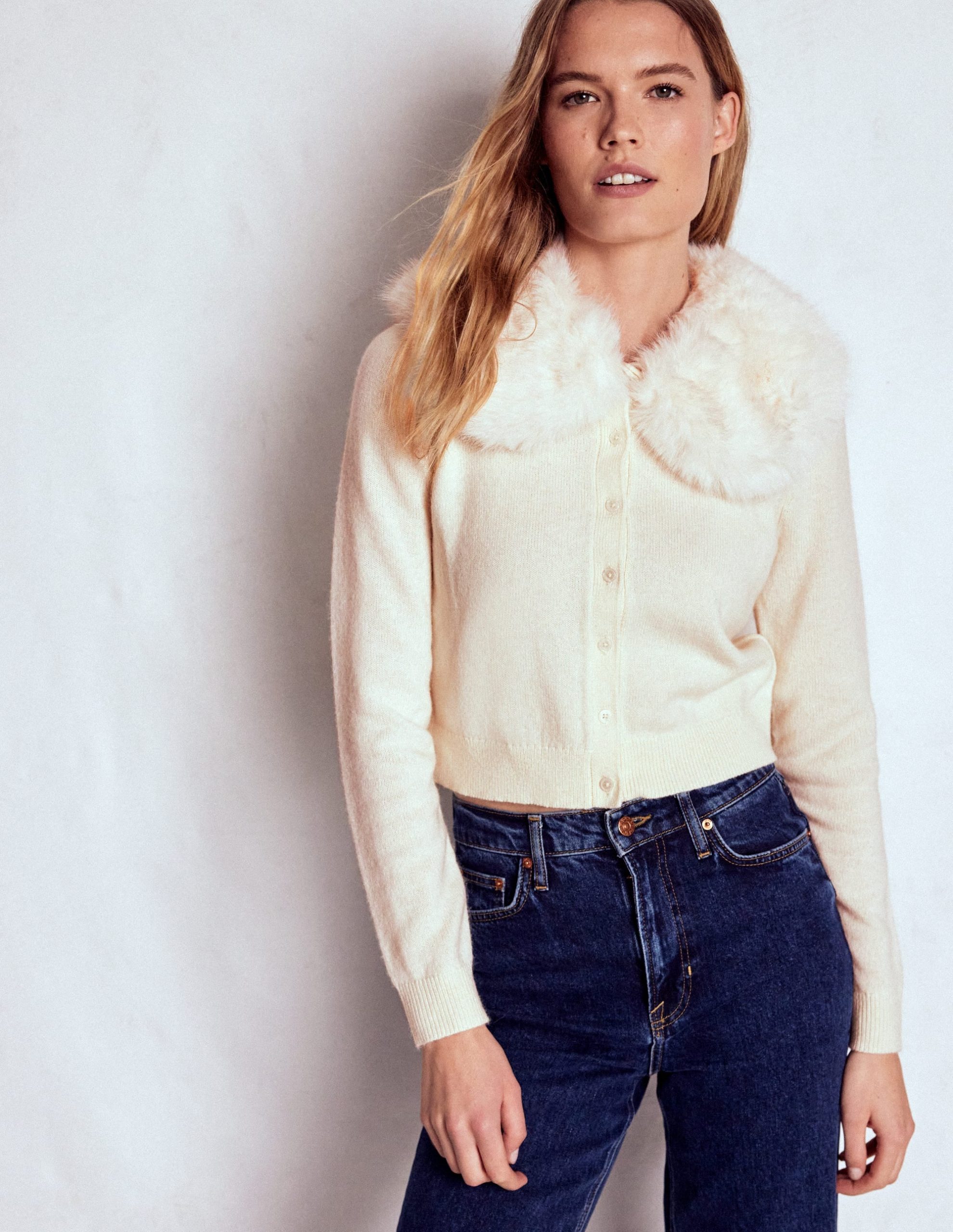 Fur Collar Cropped Cardigan-Warm Ivory - Image 3