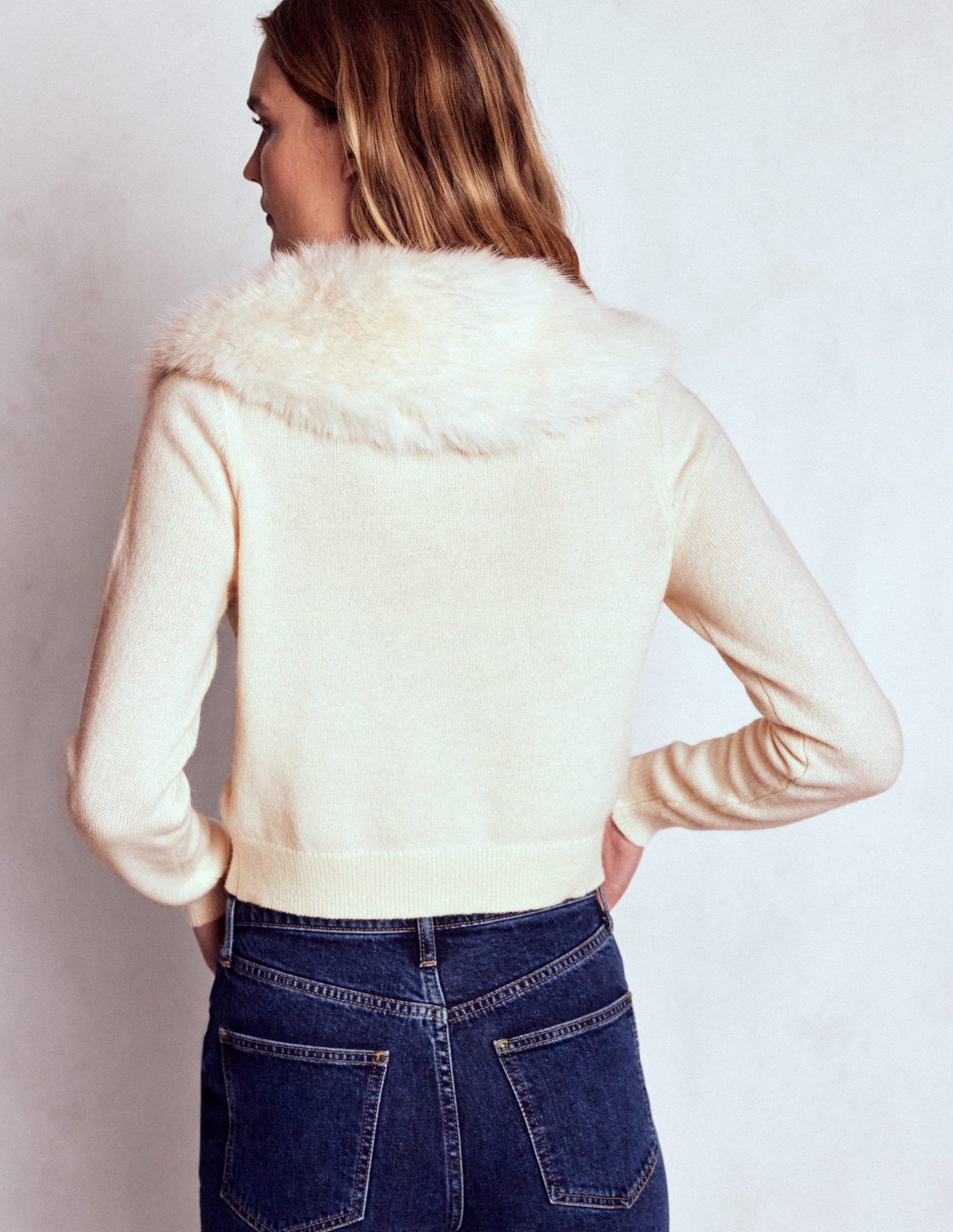 Fur Collar Cropped Cardigan-Warm Ivory - Image 4