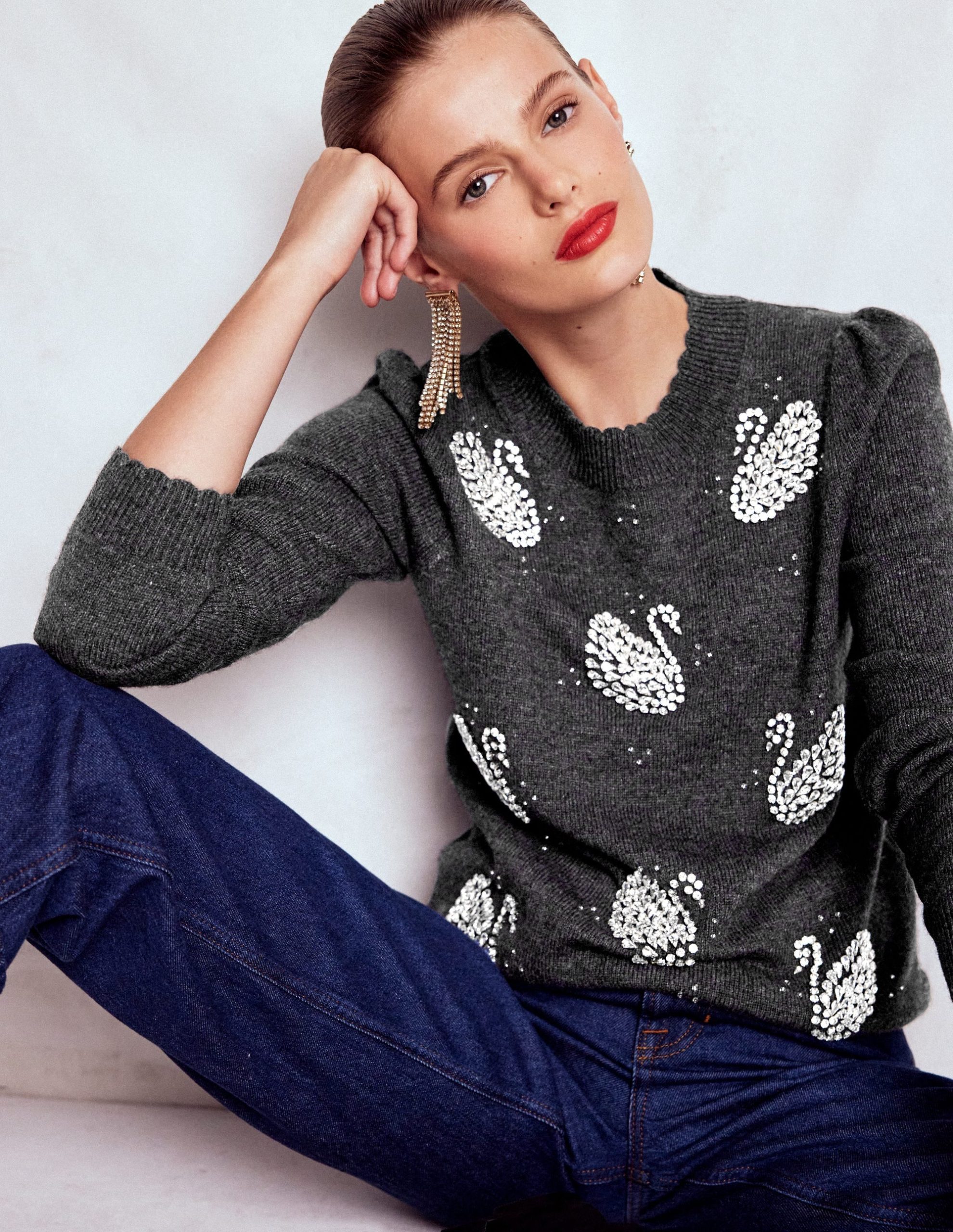 Elizabeth Embellished Sweater-Charcoal Melange Swans - Image 2